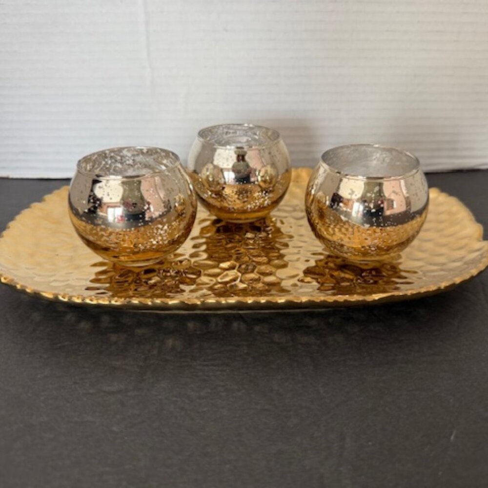 Miracle Home Collection Gold Tone Tray with 3 Gold Mercury Glass Votive Holders